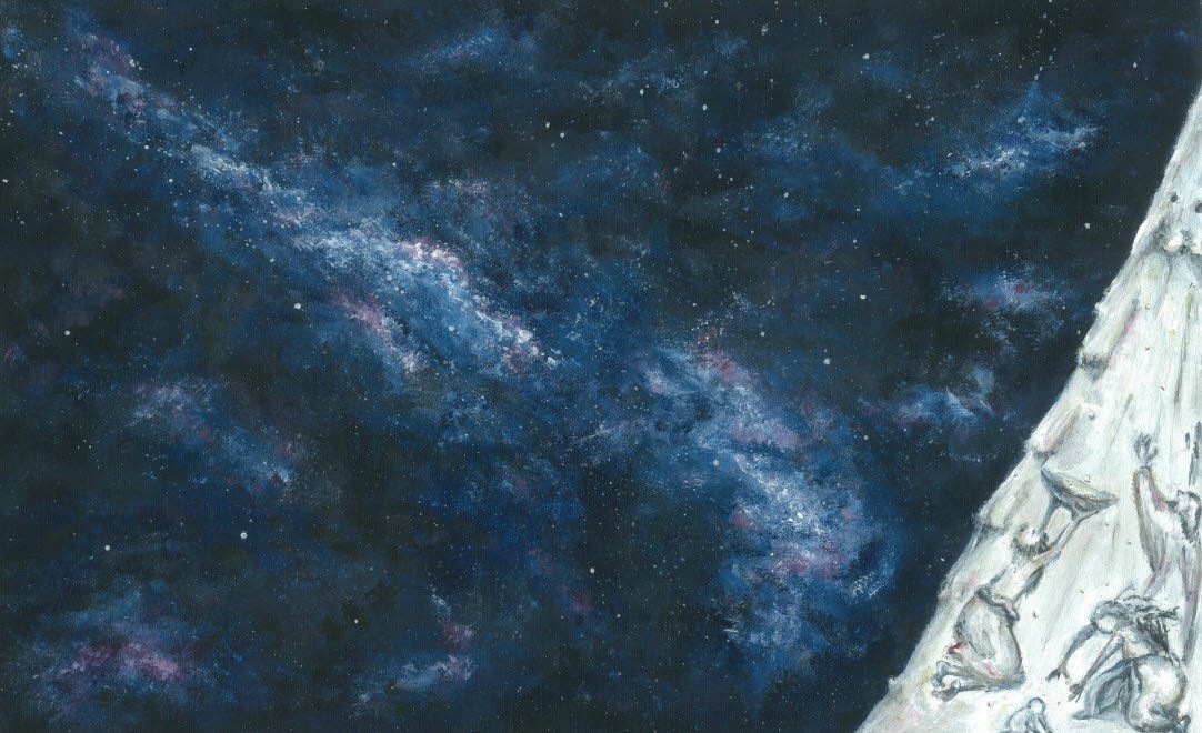 Nachthimmel und ein Ausschnitt aus einer Zeichnung, wie Manna vom Himmel fällt.