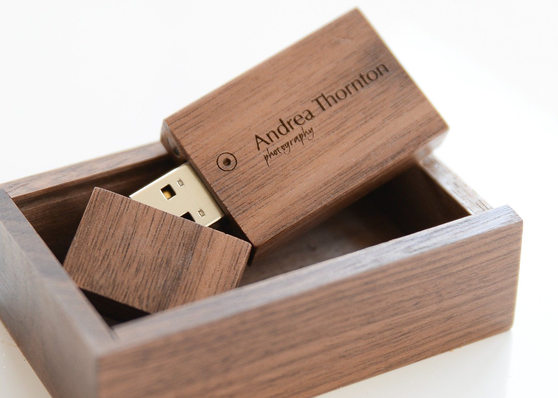 wooden memory stick engraved with Andrea Thornton Photography