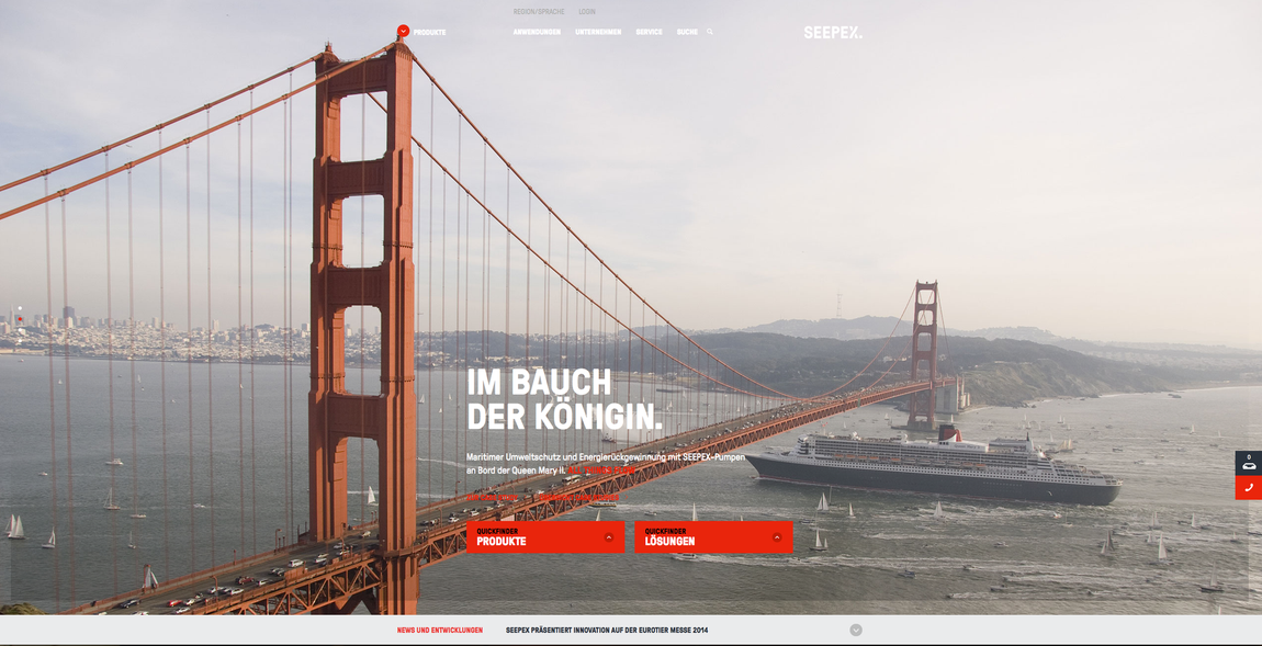 Ein Schiff, die Queen Mary, fährt unter der Golden Gate Brücke durch. An Bord arbeiten Exzenterschneckenpumpen von SEEPEX.