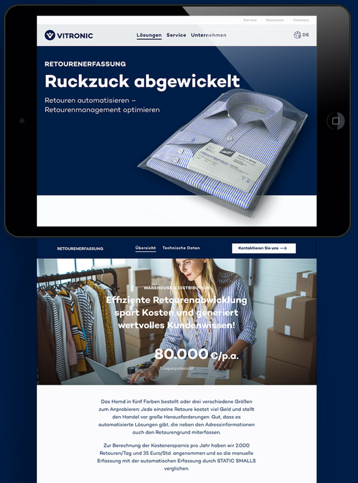 Die Detailseite Retourenerfassung unter vitronic.com