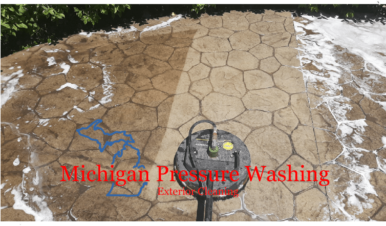 Stamped concrete patio cement washing near me. Michigan Pressure Washing Exterior Cleaning