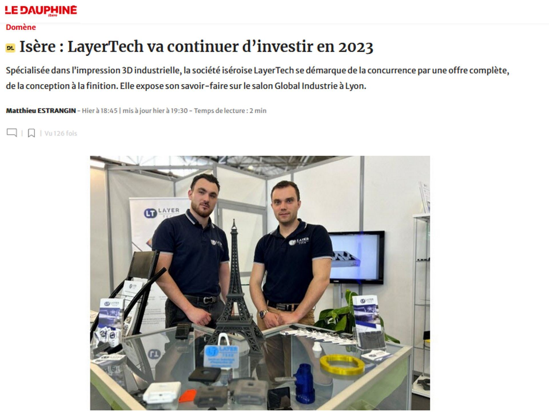 Image présentant un article du dauphiné réalisé sur le salon global industrie lorsque LayerTech était exposant
