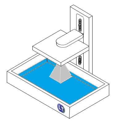Icône représentant le fonctionnement de la stéréolithographie, technologie d'impression 3D SLA