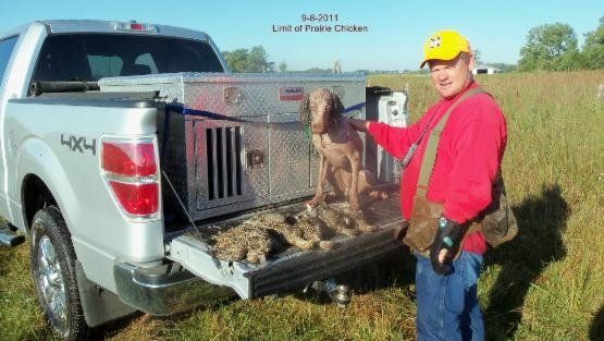 Hunter with Pheasants and his German Shorthaired Pointer on the Bed of a Truck