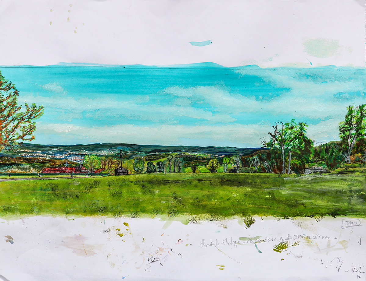Aquarelle d'un paysage de la commune de Chanat-la-Mouteyre dans le Puy-de-Dôme, réalisé pour une reproduction sur lave émaillé d'une table d'orientation, disposé à coté de la sculpture de Thierry Courtadon, pour le compte de la société MIC de Cournon d'Auvergne.