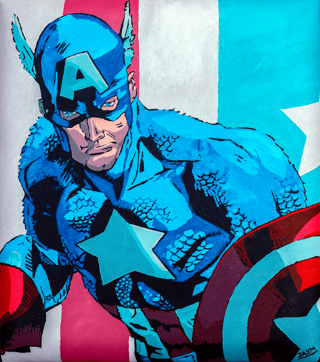 Captain america, acrylique et vernis sur tissus, assise de la chaise signé de l'artiste JAYM à découvrir !