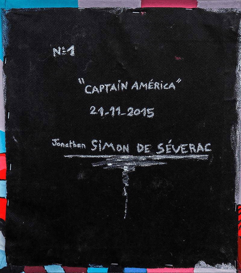 Signature au dos de l'assise de l'artiste, N°1 - Captain America - 21-11-2015, Jonathan Simon de Séverac, oeuvre unique et authentique, numérotée, une oeuvre interessante.
