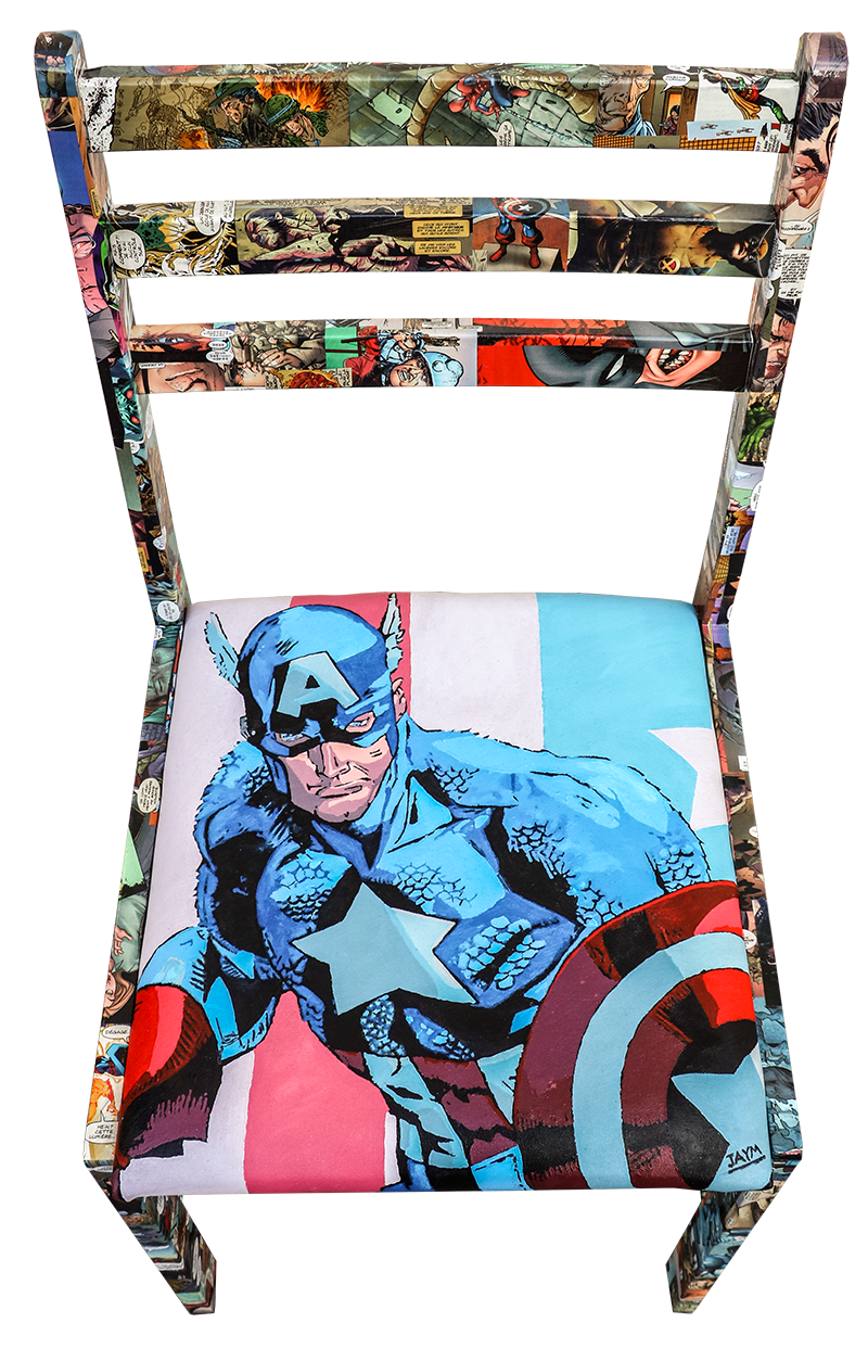 Oeuvre d'artiste, acrylique sur tissus et collage vernis sur chaise en bois, oeuvre igné JAYM, artiste de durtol (63)