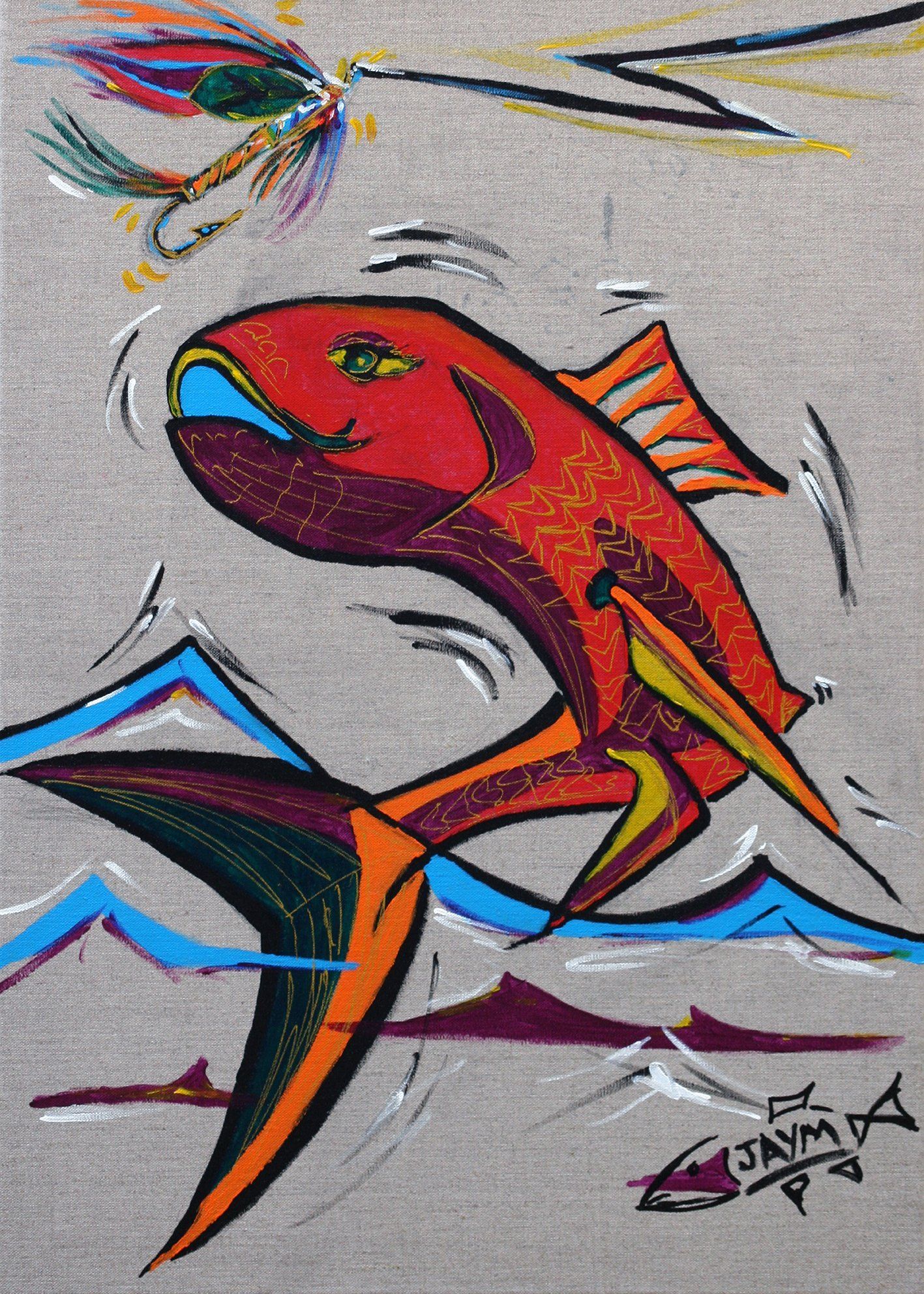 Poisson, mouche, pêche à la mouche, oeuvre signé par jonathan simon de séverac dit Jaym.