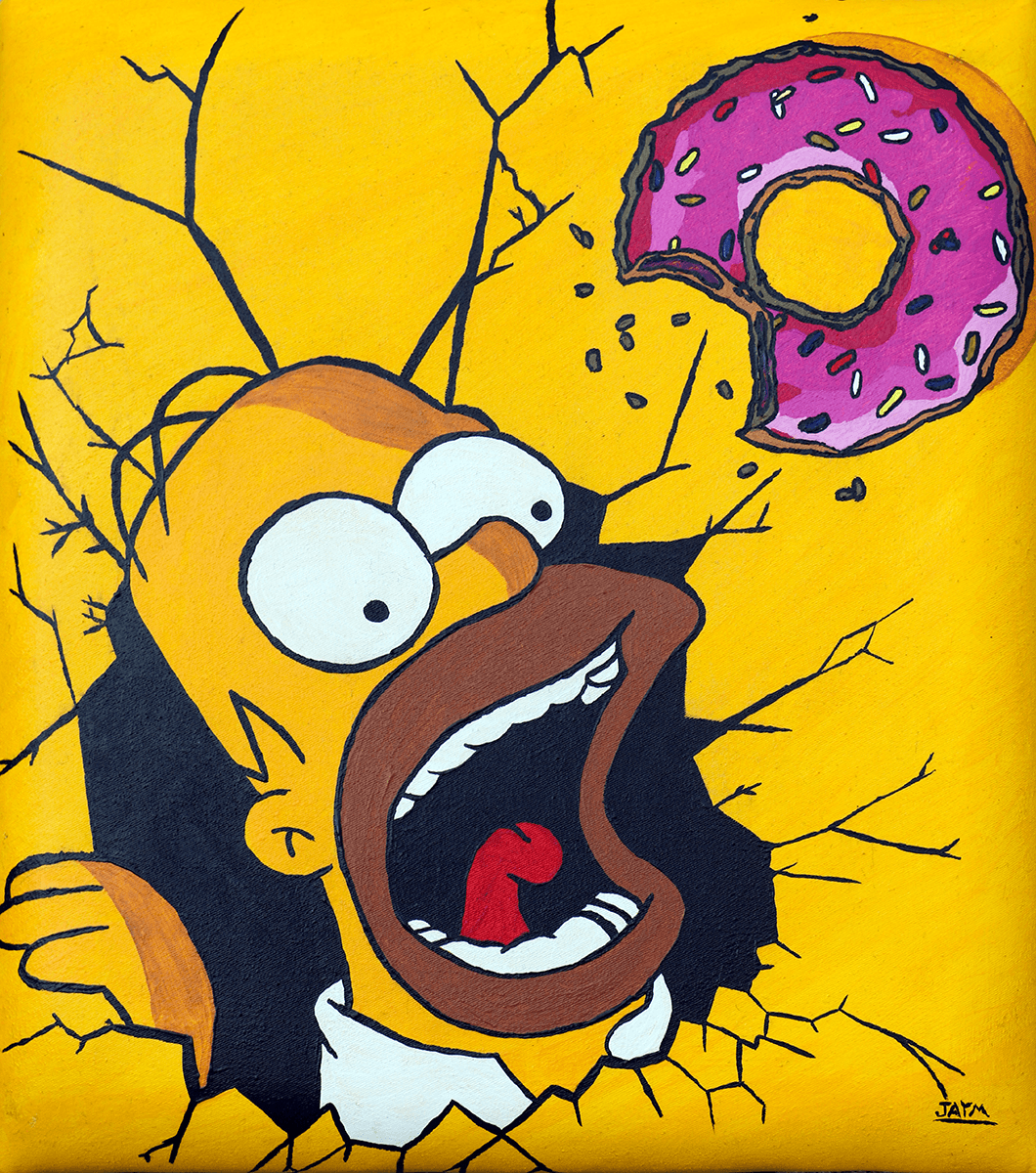 Marouflage de BD Simpson et acrylique sur tissus, peinte à la main, signé de l'artiste JAYM, Jonathan SIMON DE SEVERAC.