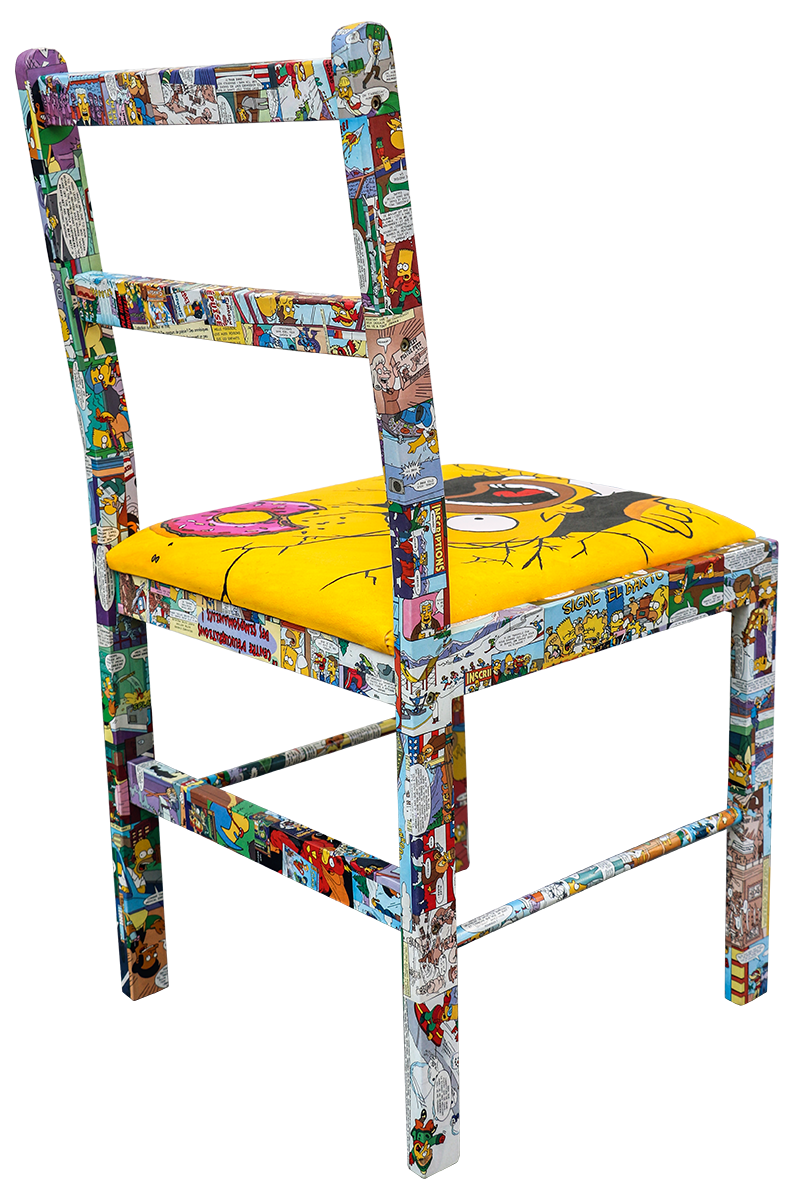 Vue de la chaise Homer simpson, signé de l'artiste JAYM, oeuvre originale et unique.