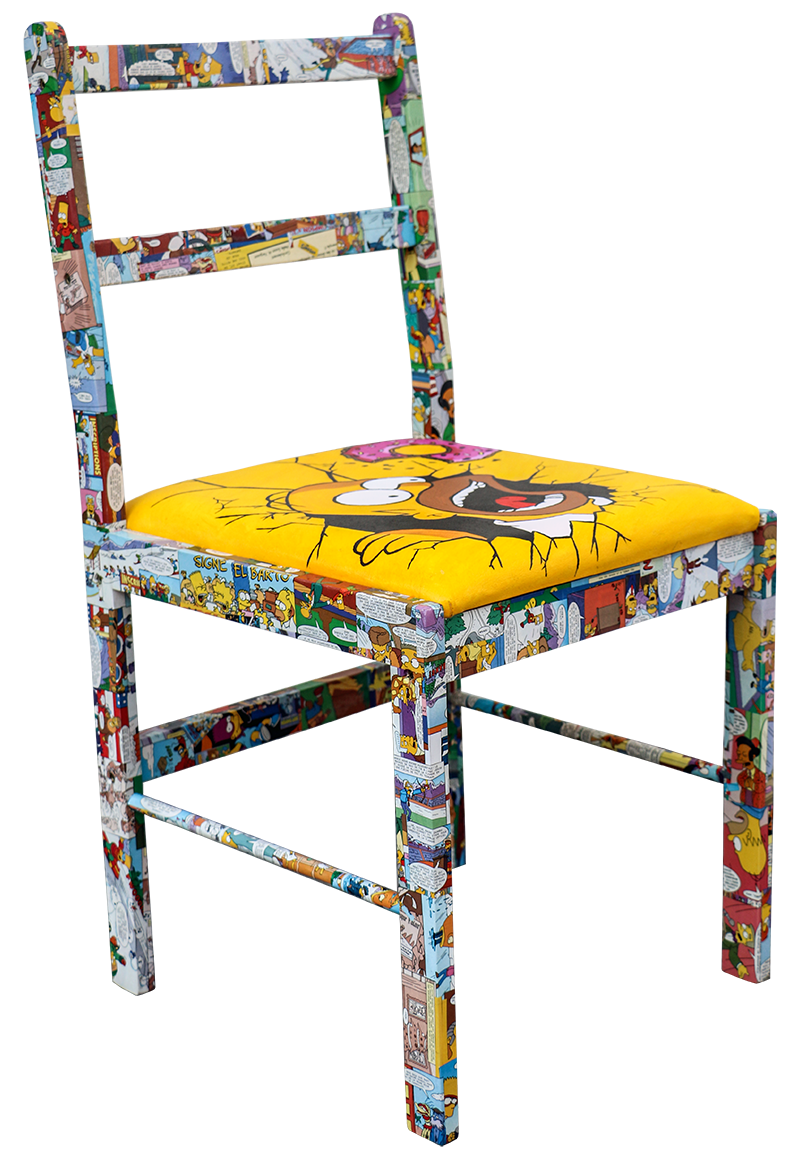 Chaise Homer simpson, signé de l'artiste Jonathan Simon de Séverac dit JAYM, acrylique sur tissus et collage papier le tout vernis, vendu avec certificat