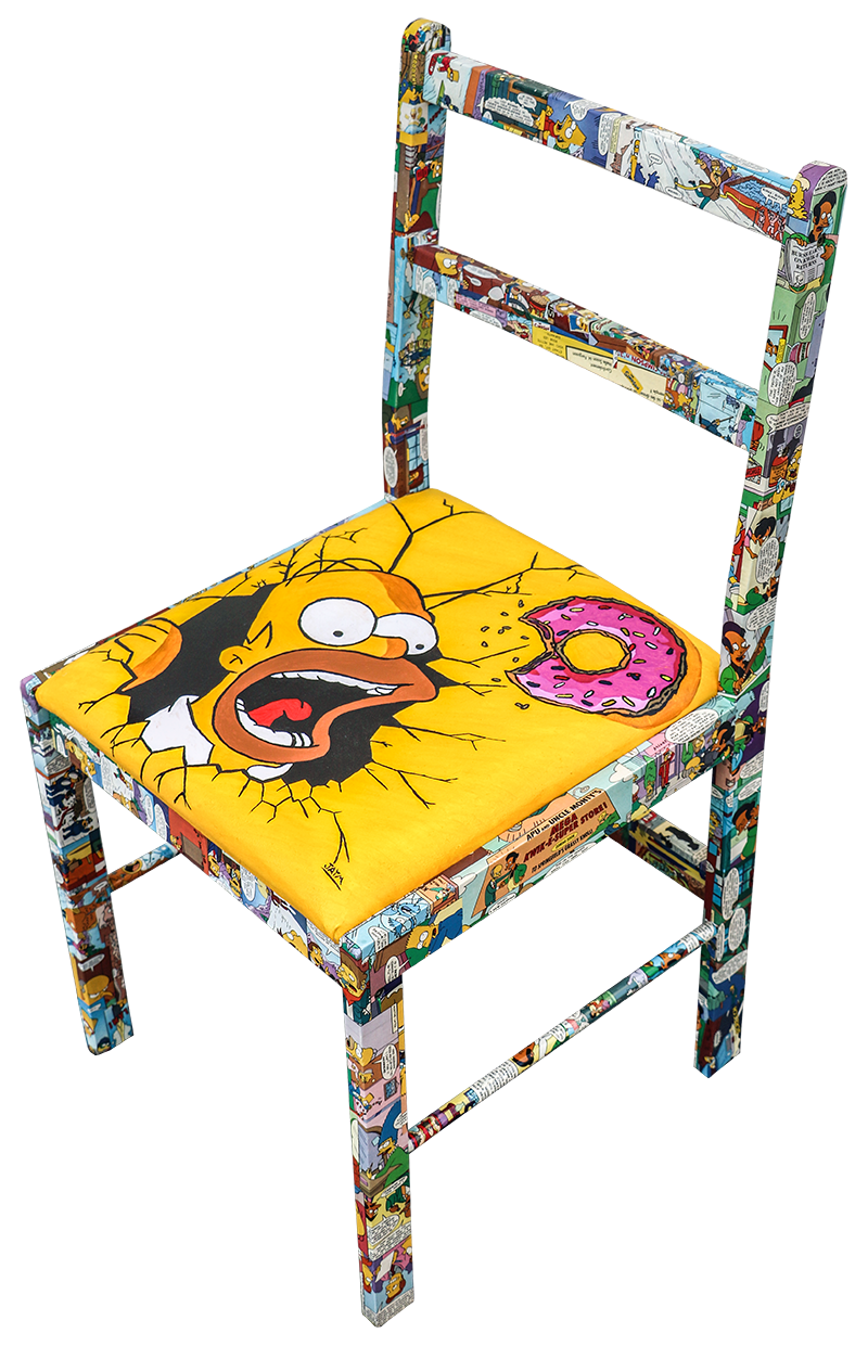 Simpson chair, Jaym artwork, Acrylic on fabrics and paper collage all varnished, unique and original