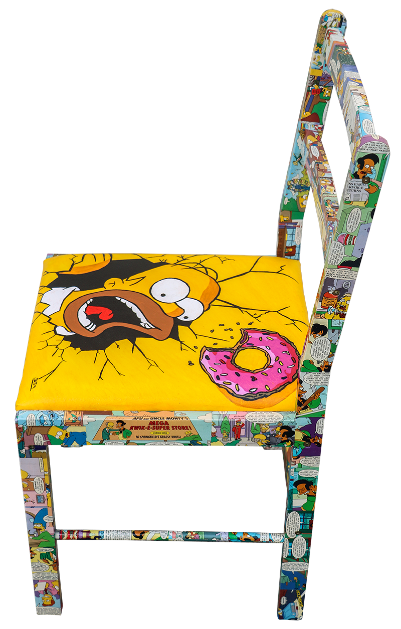 Chaise sur le thème de la fiction les Simpson, de Matt Groening, acrylique sur tissus pour l'assise, signé par JAYM.