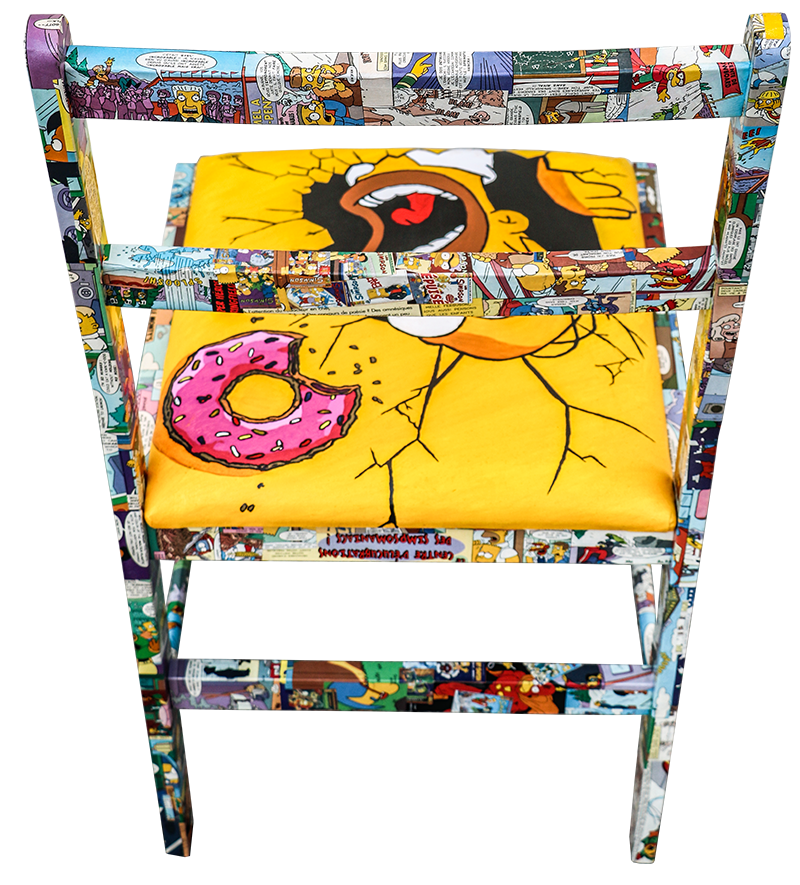 Création artistique signé JAYM, mobilier de salon représentant Homer Simpson, oeuvre de l'artiste durtolois JAYM, acrylique sur tissus et collage papier.