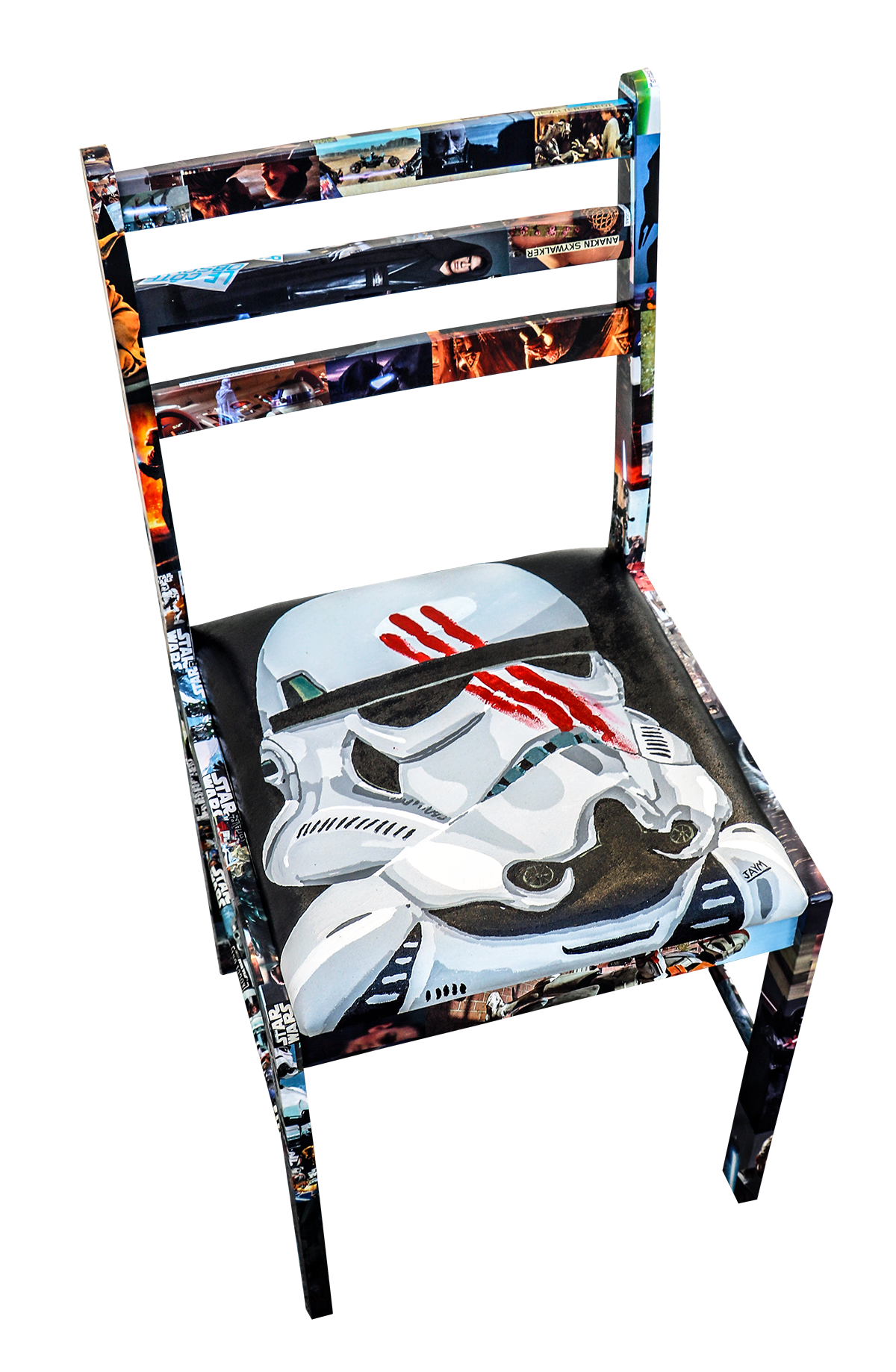 Réalisation de chaises personnalisé, peintes à la main, différent thème, objet d'art, création de l'artiste JAYM, Jonathan SIMON DE SEVERAC. Sur le thème de Star Wars, le personnage est Finn.