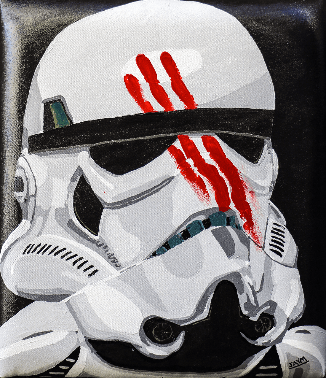 Assise peinte à l'acrylique représentant Finn, personnage de Star Wars apparu dans l'épisode 7 de la saga, signé de l'artiste JAYM