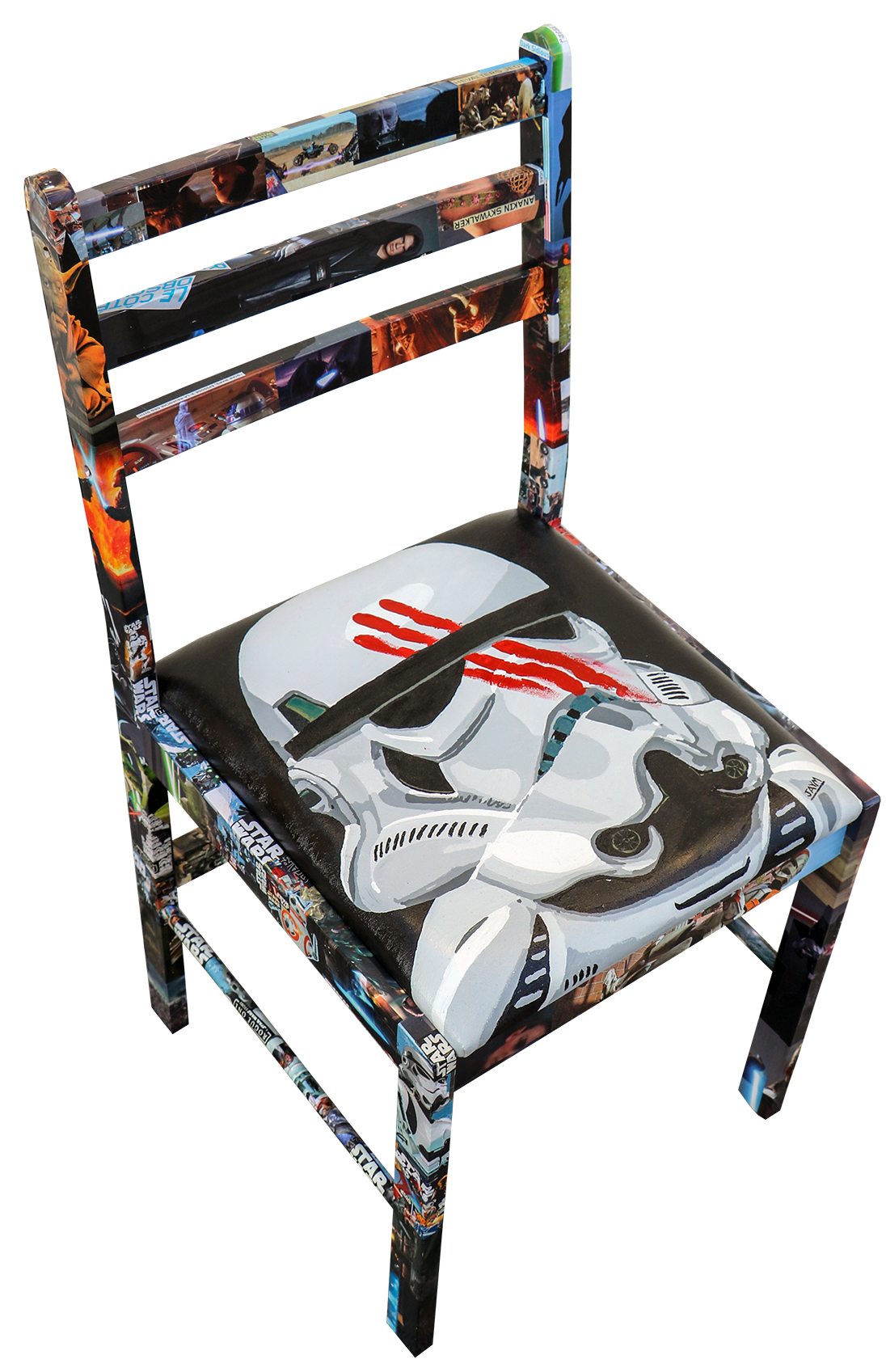 Chaise d'artiste, oeuvre unique, signé, personnage de Finn dans Star Wars, peint à la main, et marouflage.