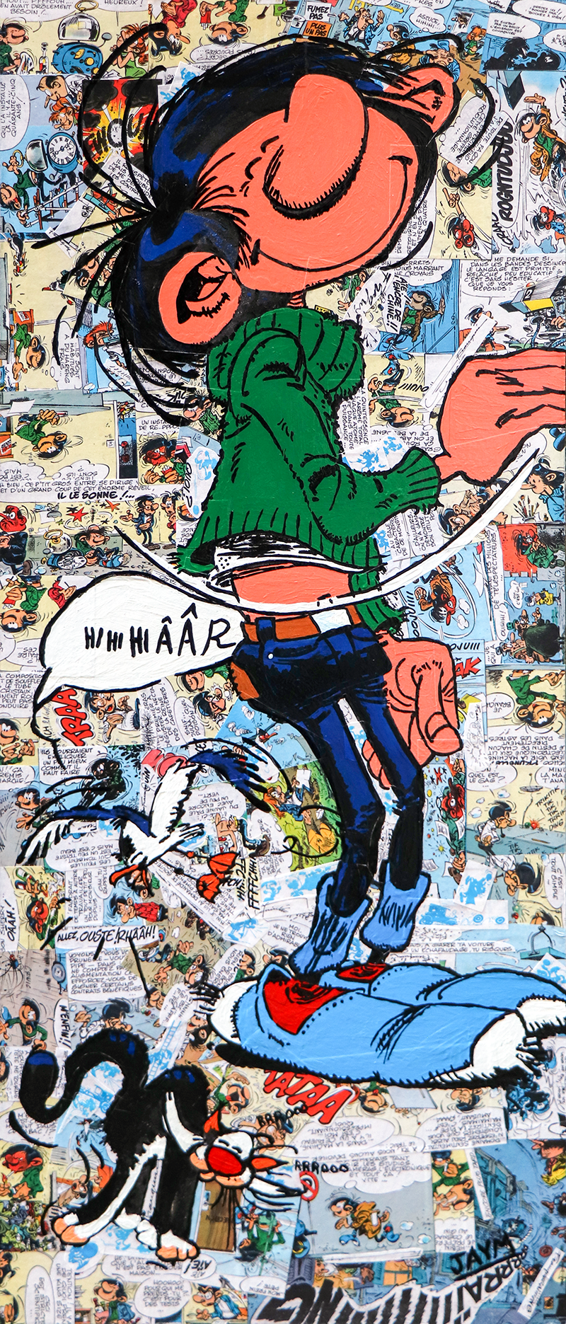 Collage de papier, bande dessinés Gaston Lagaffe, acrylique et vernis sur panneau bois, signé de l'artiste Jonathan SiMON DE SEVERAC dit JAYM.