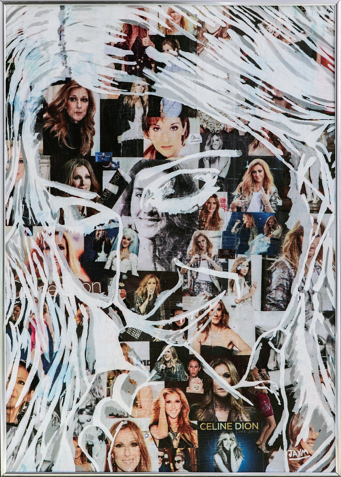 Portait de céline dion, peinture collage sur bois, signé JAYM, chanteuse canadienne.