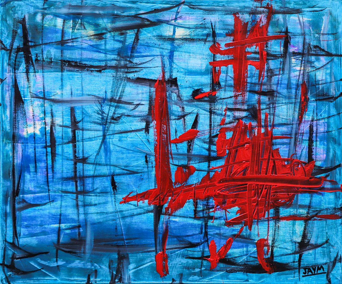 Toile abstraite qui dénonce l'horreur comise par Bertrand Cantat sur Marie Trintignant, signé de l'artiste JAYM.