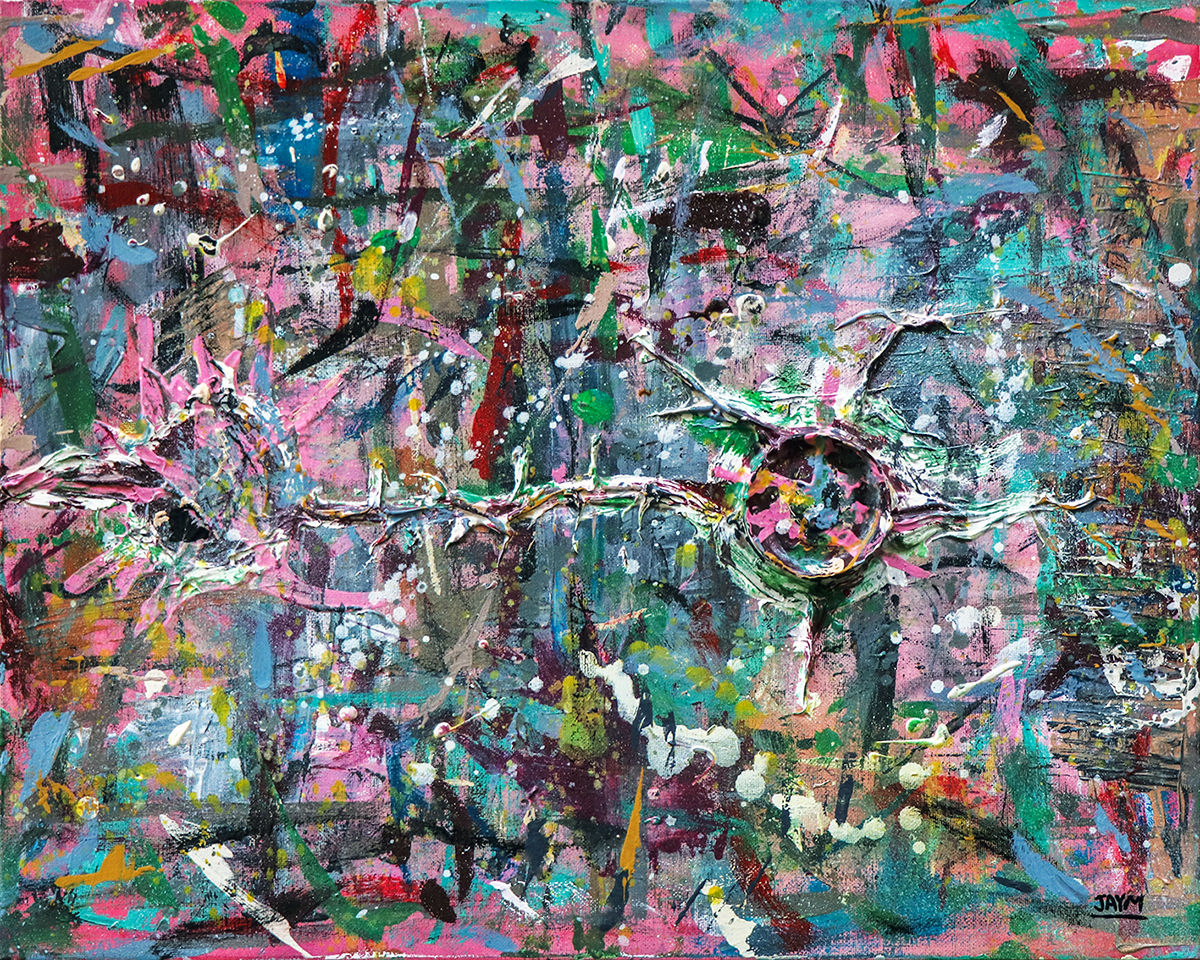 Toile signé JAYM, artiste plasticien, représentant la fracture humaine avec la réalité des priorités du monde, l'incision du lien social.