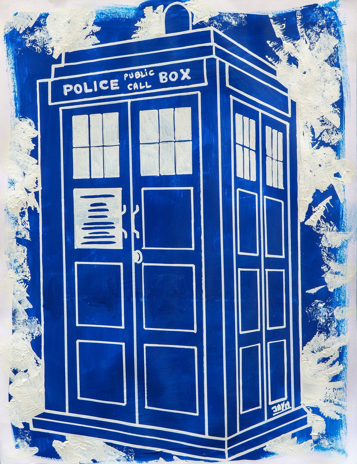 Cabine téléphonique pour voyager dans le temps de la série Dr. Who signé par l'artiste JAYM