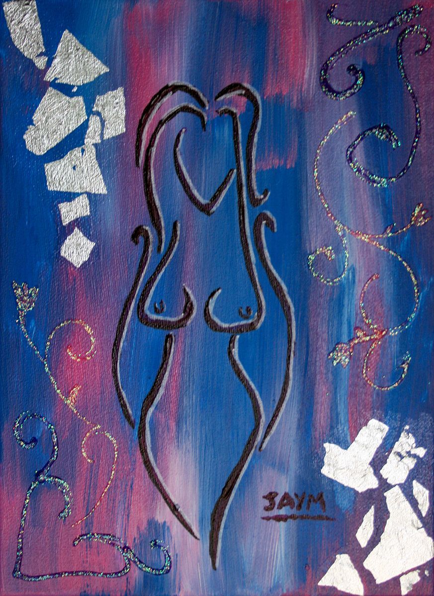 Silhouette de femme, tatouages baroque, colle, feuilles d'argent sur toile canvas.
