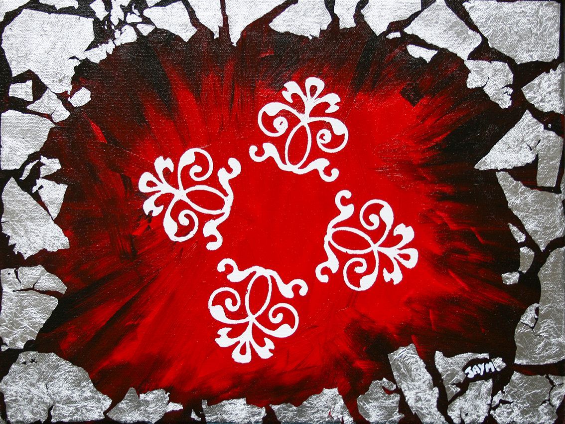 Fleur arabesque, vortex rouge, composition mixtes abstraites ou figurative.