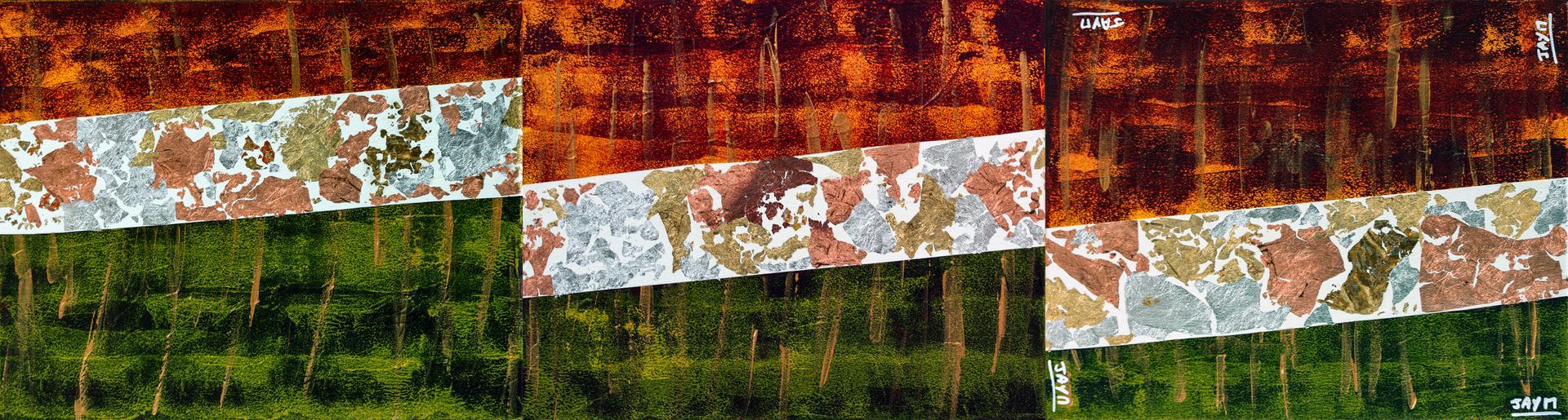 Les 3 toiles du triptyque à l'horizontal avec tout les oranges en haut.