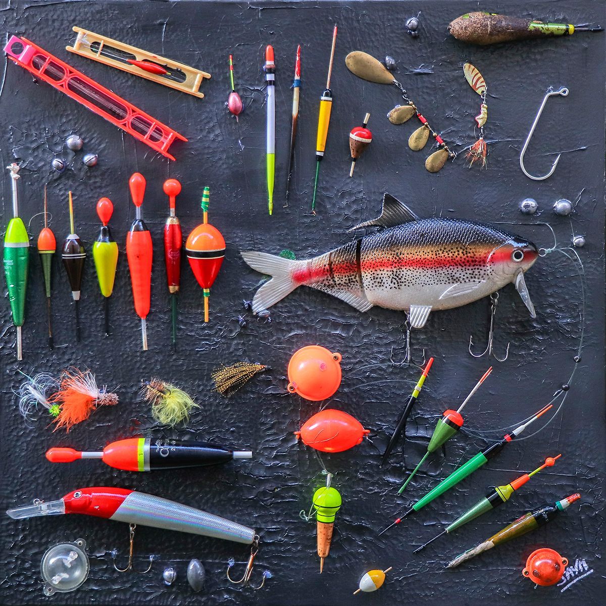 Bouchons de pêche, leurres, fils, plombs, hameçons, cannes à pêche.