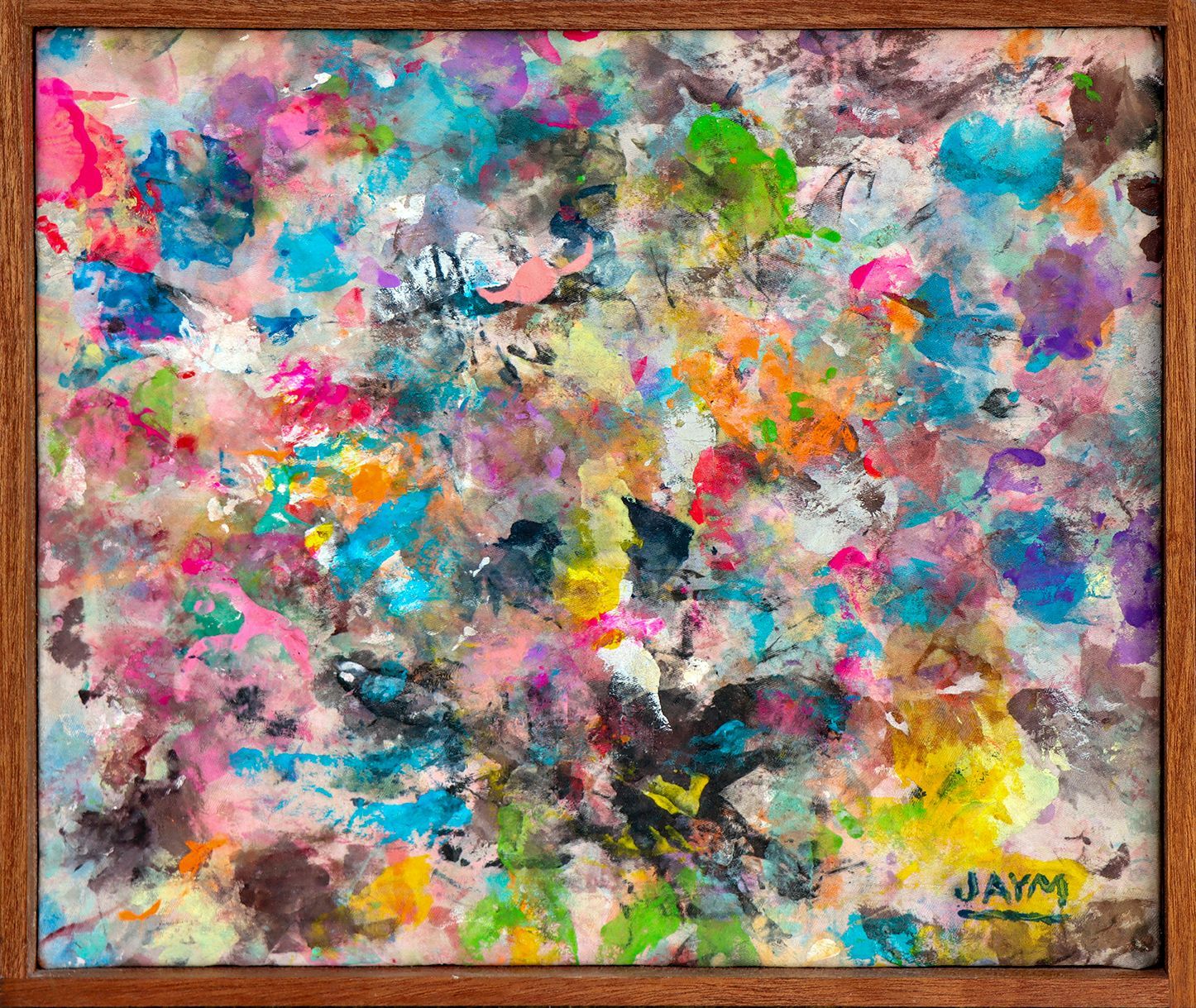 Peinture abstraite signée Jaym avec cadre bois.