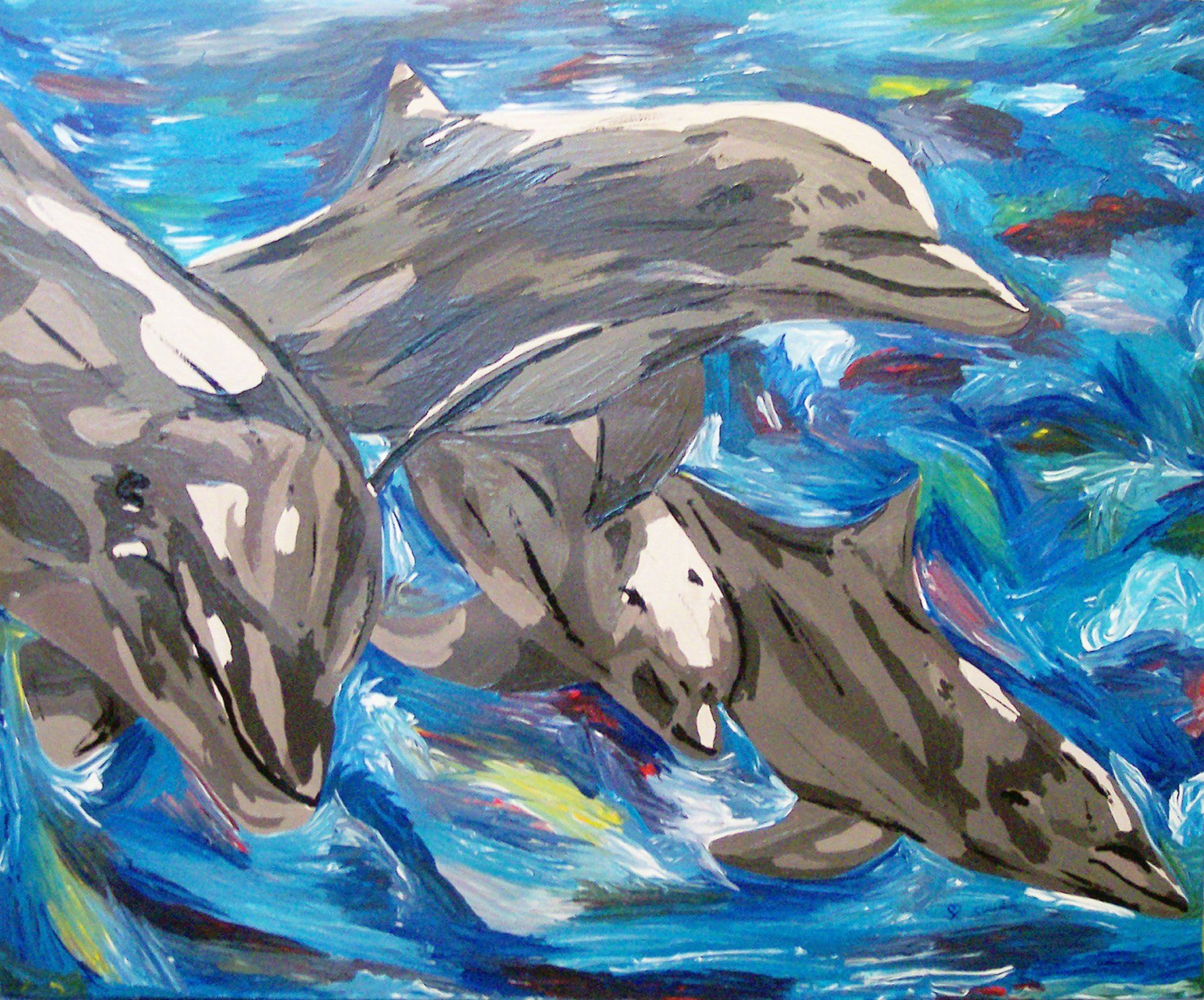 Flipper le dauphin et sa famille, oeuvre signé Jaym, artiste proche de Clermont metropole.