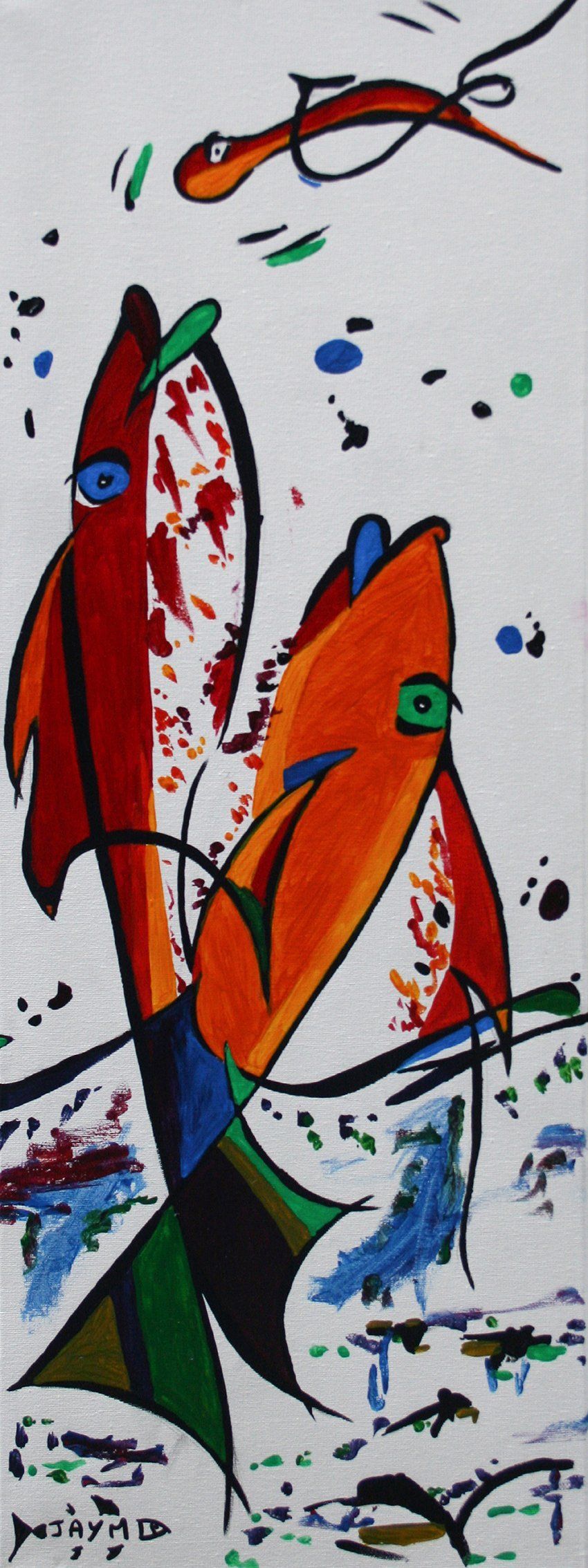 Deux poissons ou le mouvement de d'un seul poisson ? Tableau signé Jaym, oeuvre unique et authentique.