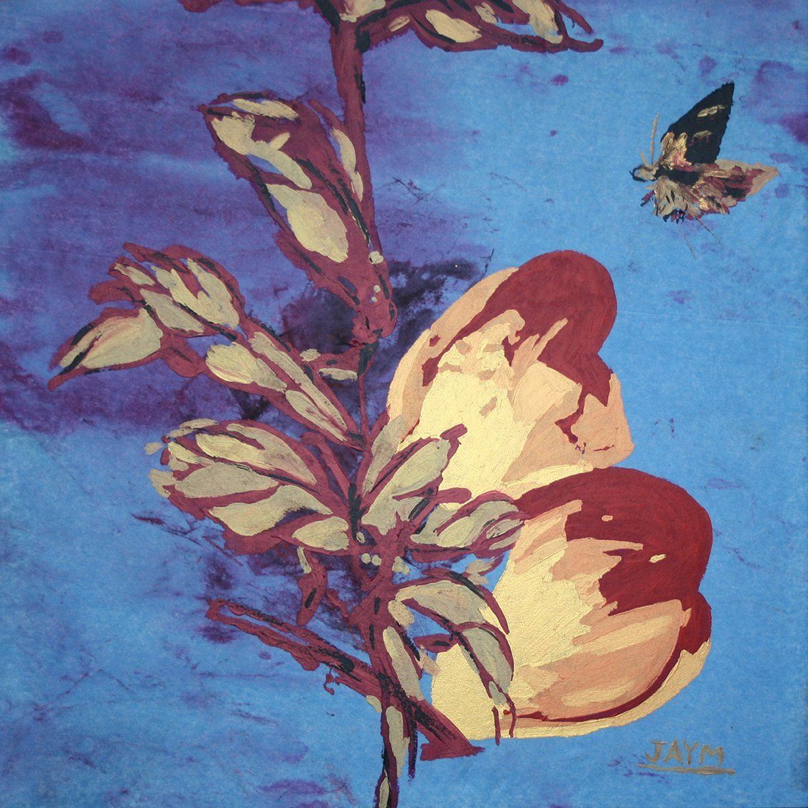 Un papillon se pose sur une fleur, peinture sur tissus de netoyage d'imprimerie, oeuvre signé jaym.