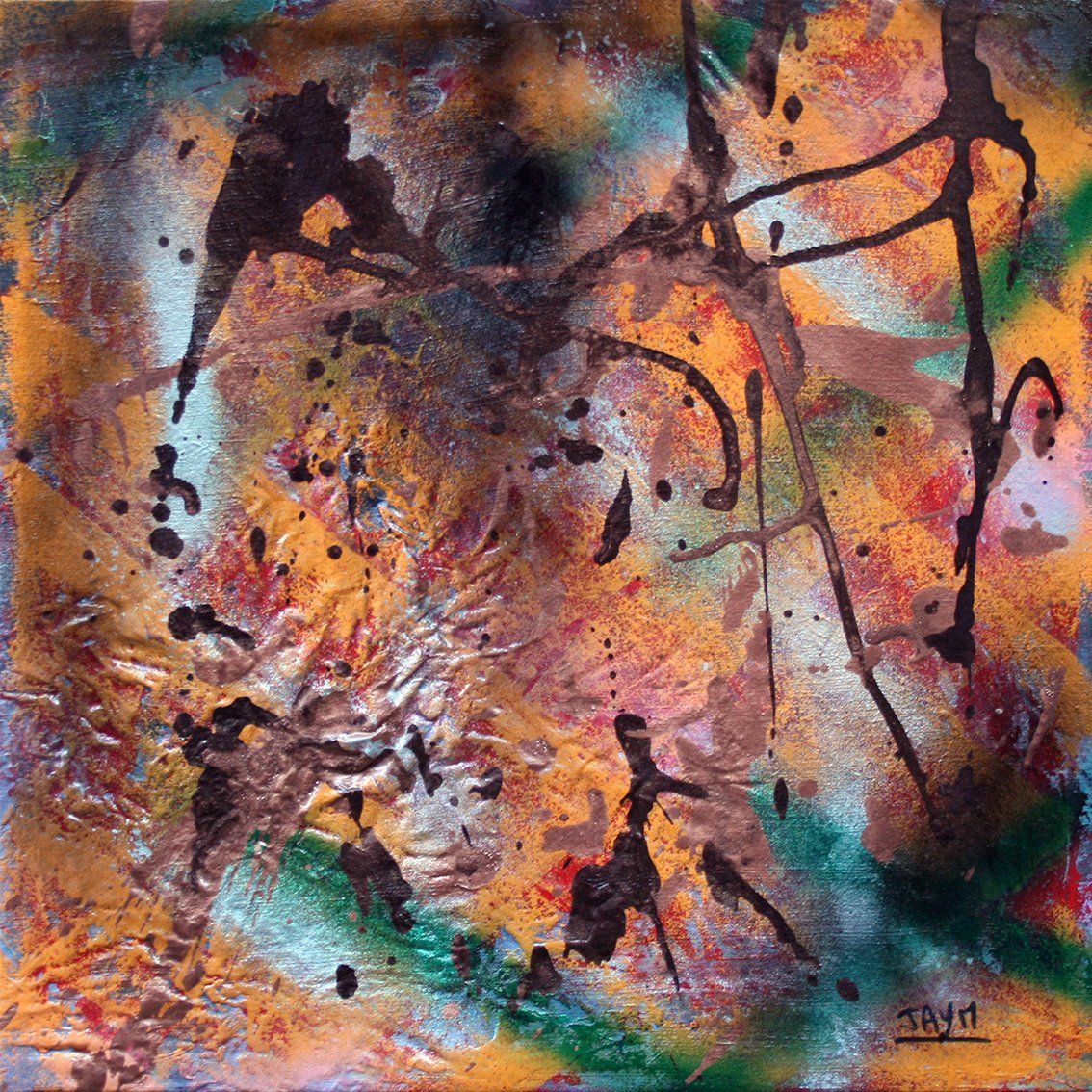 Peinture abstraite sur tissus de netoyage offset en imprimerie, signé jaym.