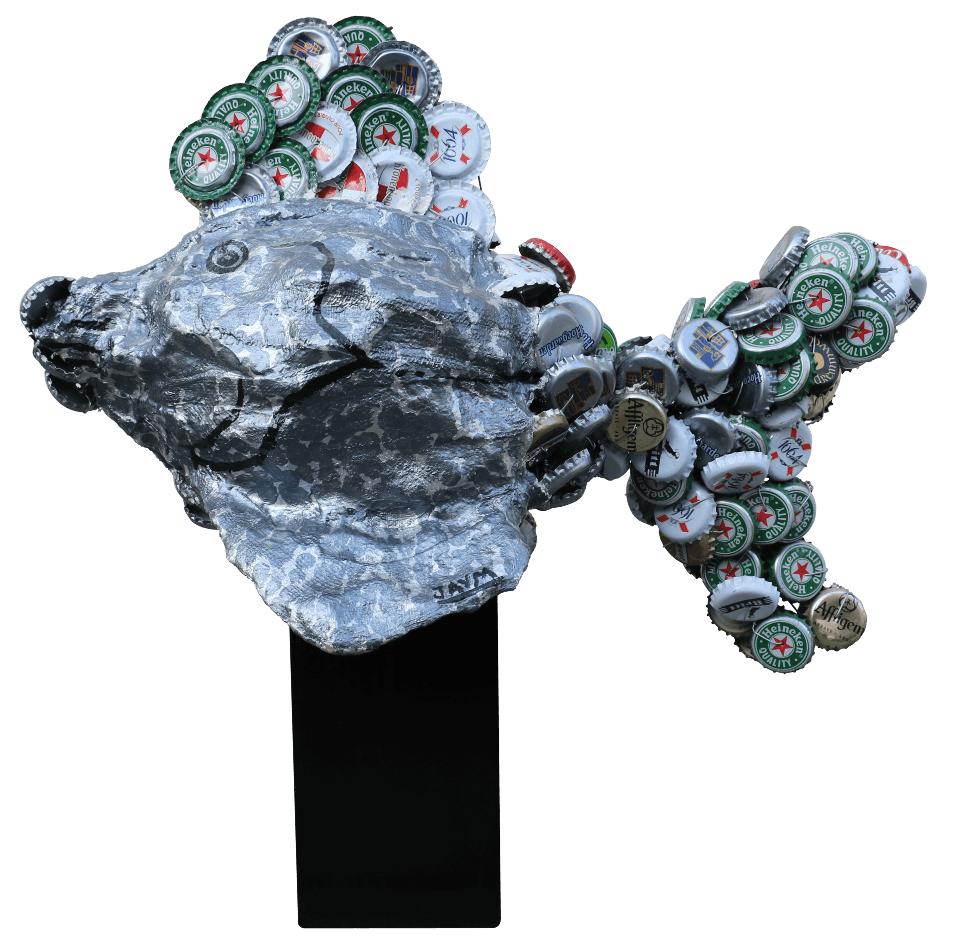 Sculpture poisson, réalisée avec des capsules de bouteilles en métal, du plâtre peint, signé par l'artiste Clermont-FerrandJAYM