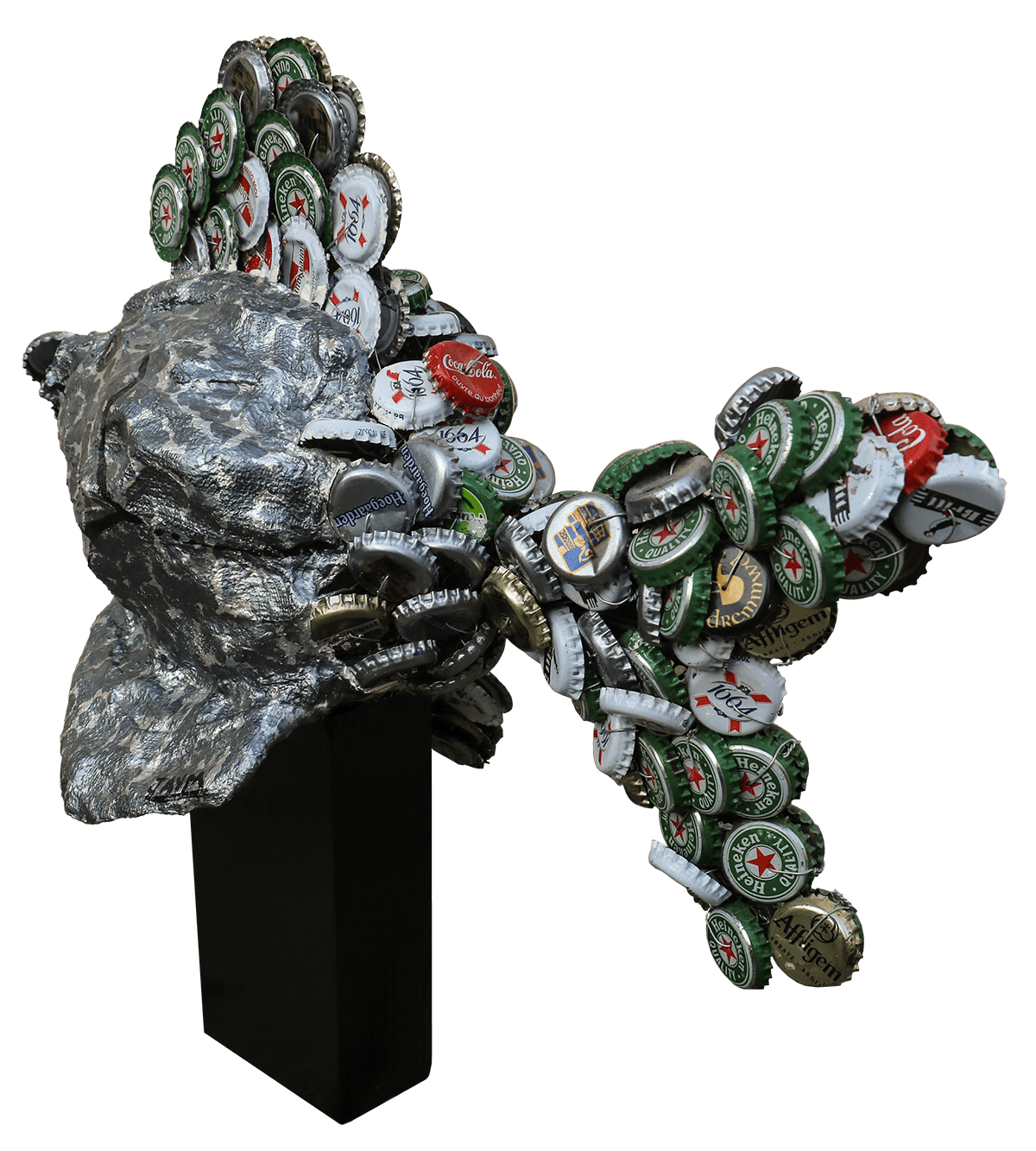 Cette sculpture est composée de métal, de plâtre et d'une acrylique argenté vernis, Signé par l'artiste Jonathan Simon de Séverac.