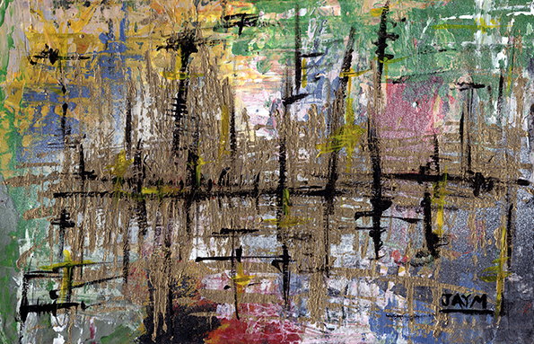 Reflet de l'urbanisme sur le goudron mouillé, acrylique igné de l'artiste peintre clermont-fd : JAYM