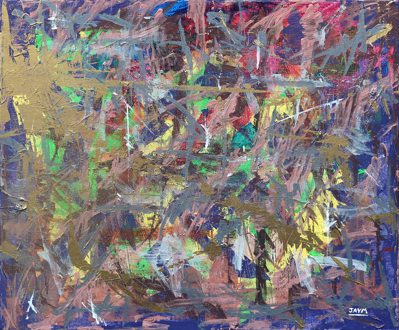 Toile abstraite, recyclage de résidus de peinture arylique pour eviter le gaspillage. Tableau humanitaire qigné Jonathan Simon de Séverac dit JAYM