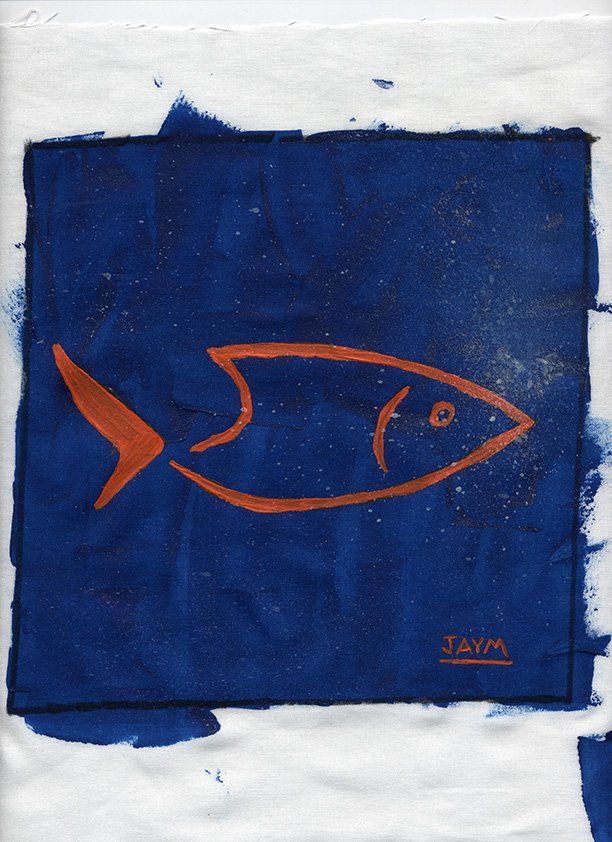 Petit carré avec un poisson pour une association qui servira a confectionner une voile de bateau, signé jaym