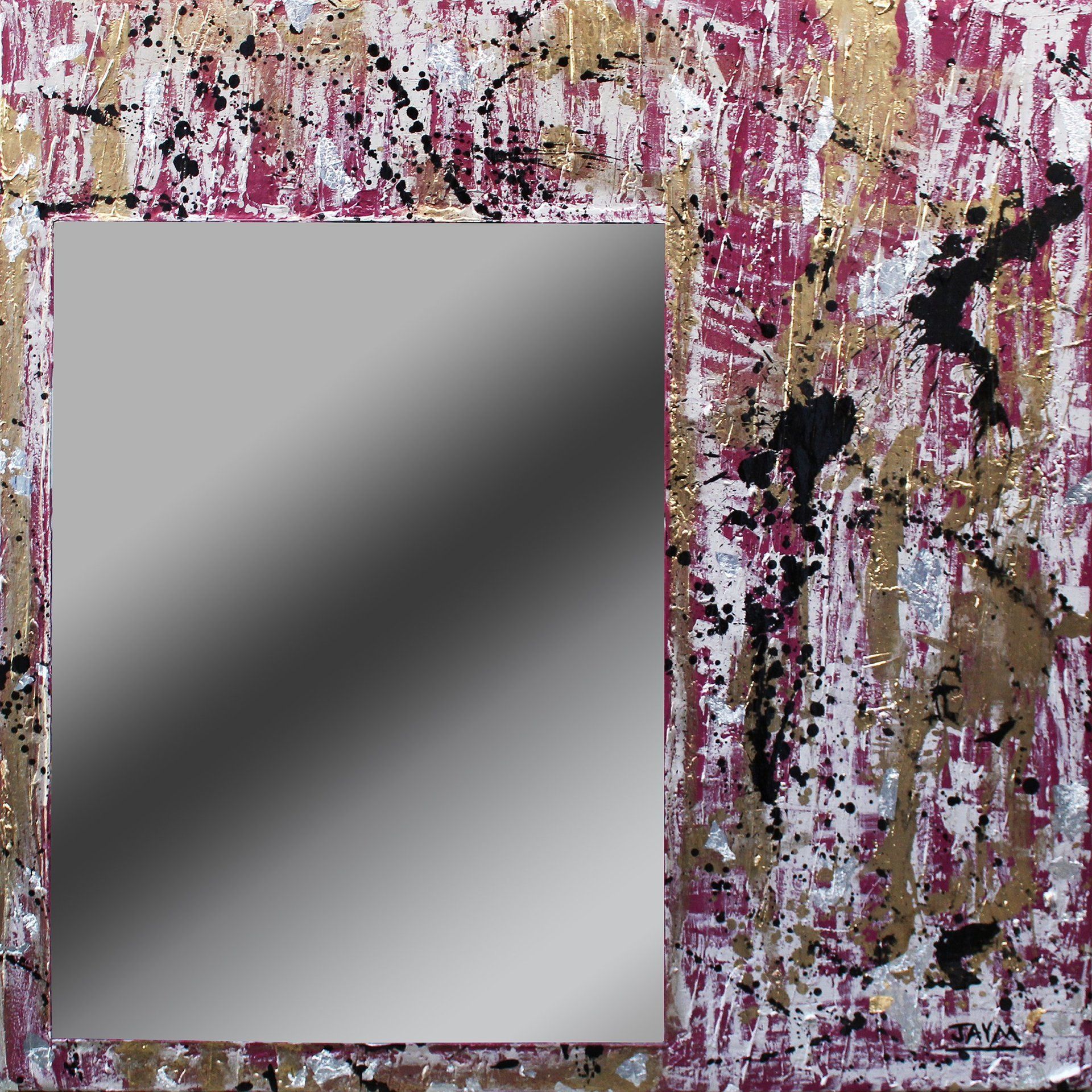 Miroir collé sur toile avec ornementation acrylique peinte à la main, oeuvre signé, vendu par l'artiste jonathan simon de séverac.