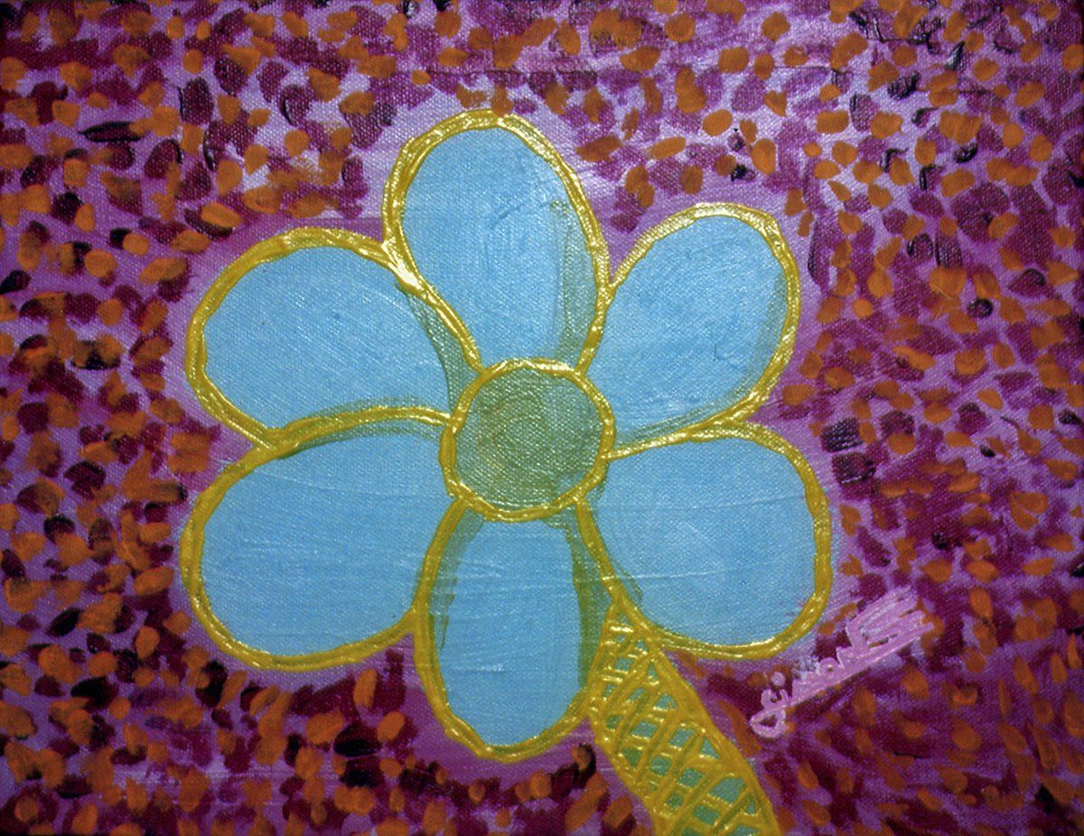 Marguerite bleu et jaune sur toile.