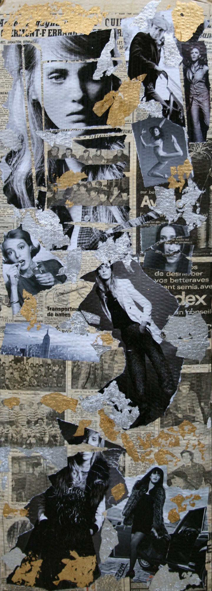 Collage de vieux papier, d'or et argent sur un support en mousse, le tableau et vernis brillant pour la finition.