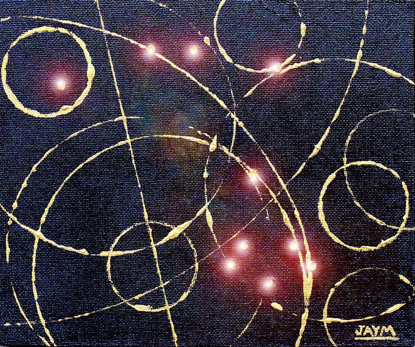 Atomes spatiales entrechoquées par des halos de lumière.