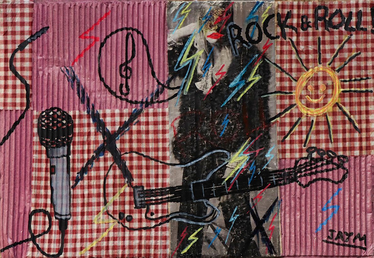 Carton, acrylique, photo de magazine, papier vichy, composent cette œuvre de collage et peinture.