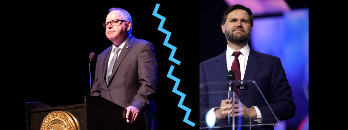 VP candidates Tim Walz and JD Vance. Photos: Wikimedia, Gage Skidmore, via flickr