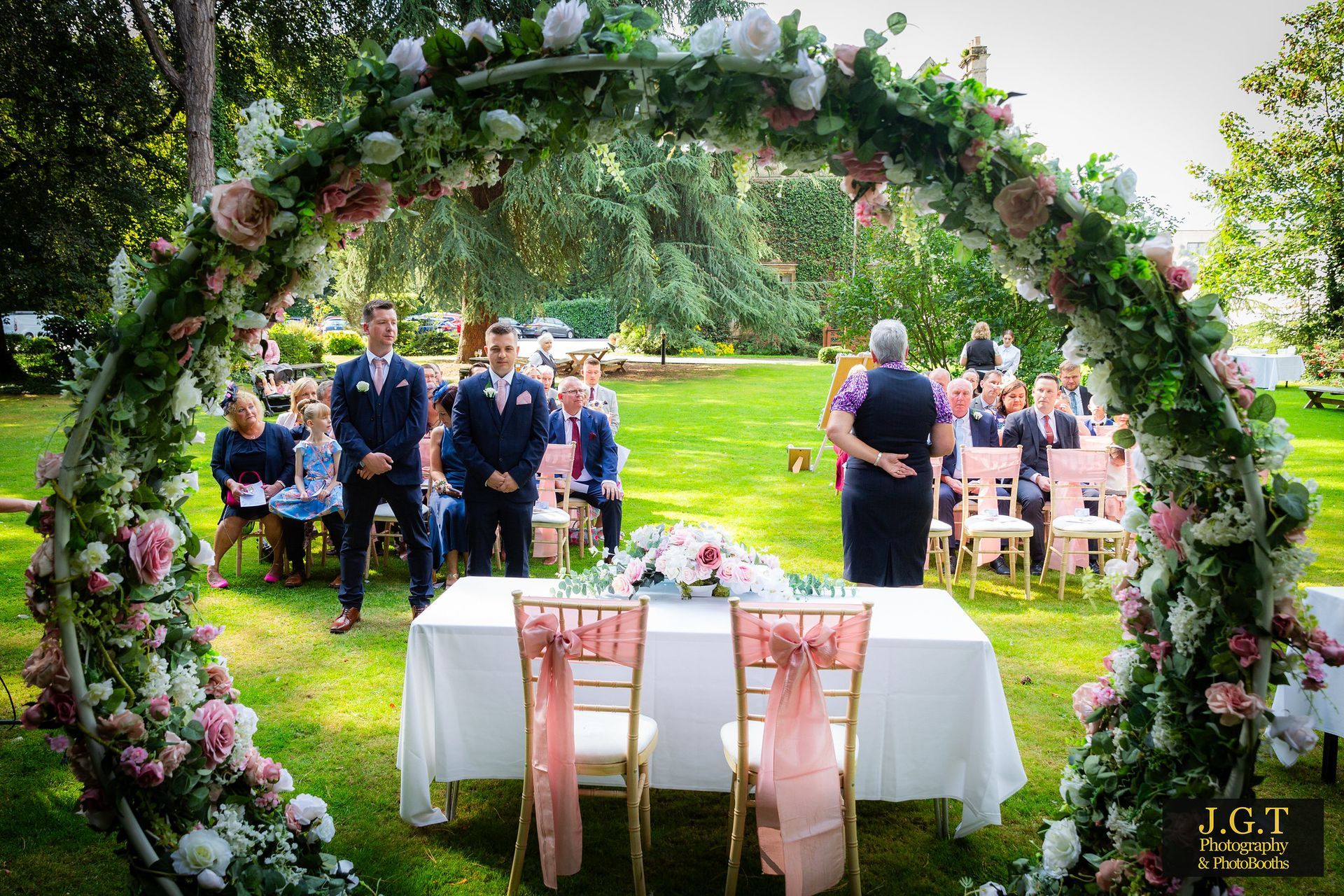 Outdoor wedding ceremony, garden wedding ceremony in Warwickshire. Dog friendly wedding. Horse friendly wedding.