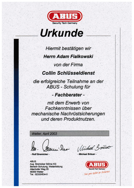 Urkunde Fachberater Sicherheitstechnik Urkunde Fachberater Sicherheitstechnik
