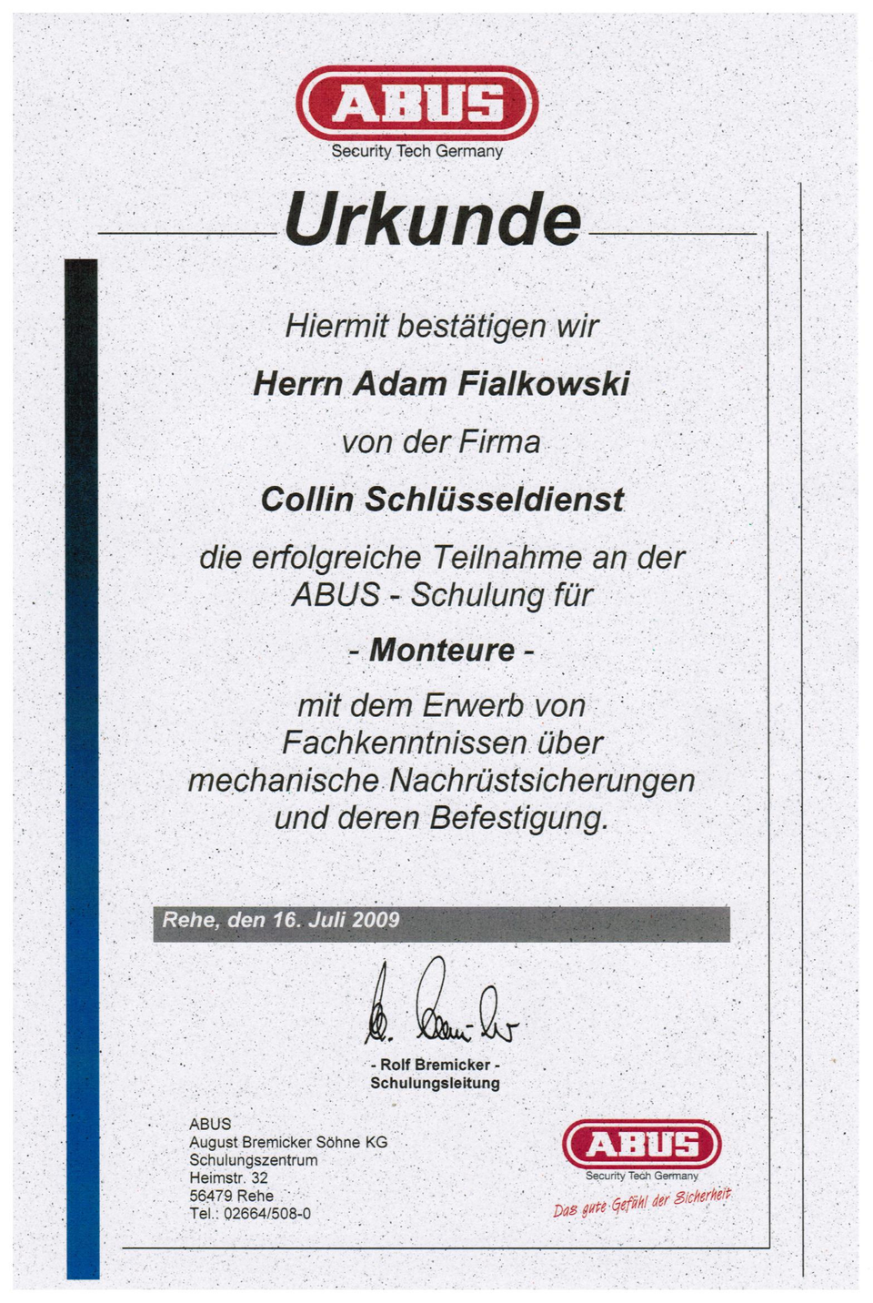 Urkunde Schulung Monteure Urkunde Schulung Monteure